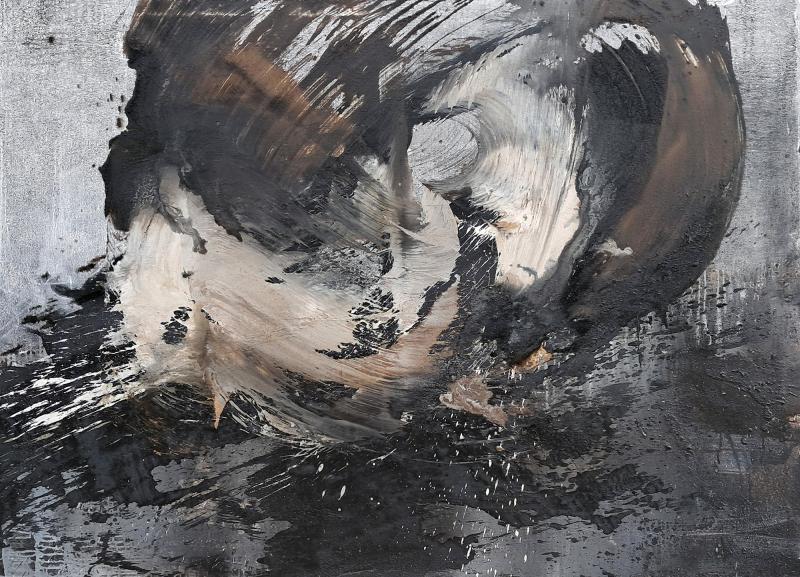 Hurrikaani, akryyli kankaalle, pigmenttinä tuhka ja noki, 130 cm x 185 cm, 2024