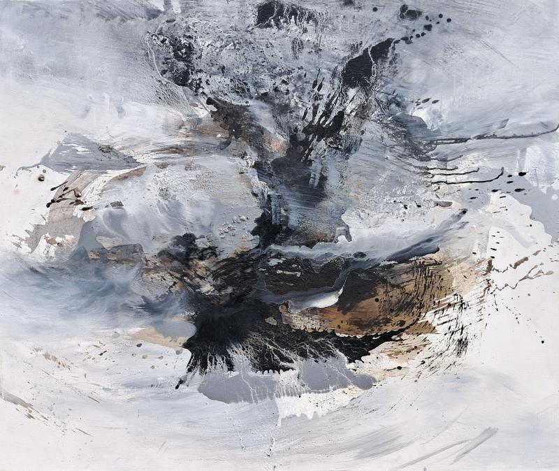 Myrskyn voima, akryyli kankaalle, pigmenttinä tuhka ja noki, 130 cm x 155 cm, 2024