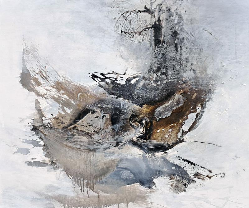 Hylky, akryyli kankaalle, pigmenttinä tuhka ja noki, 110 cm x 130 cm, 2024