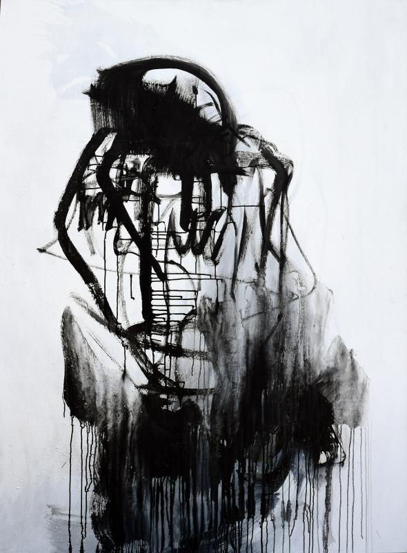 Kirjanpainaja, akryyli kankaalle, pigmenttinä tuhka ja noki, 200 cm x 140 cm, 2019