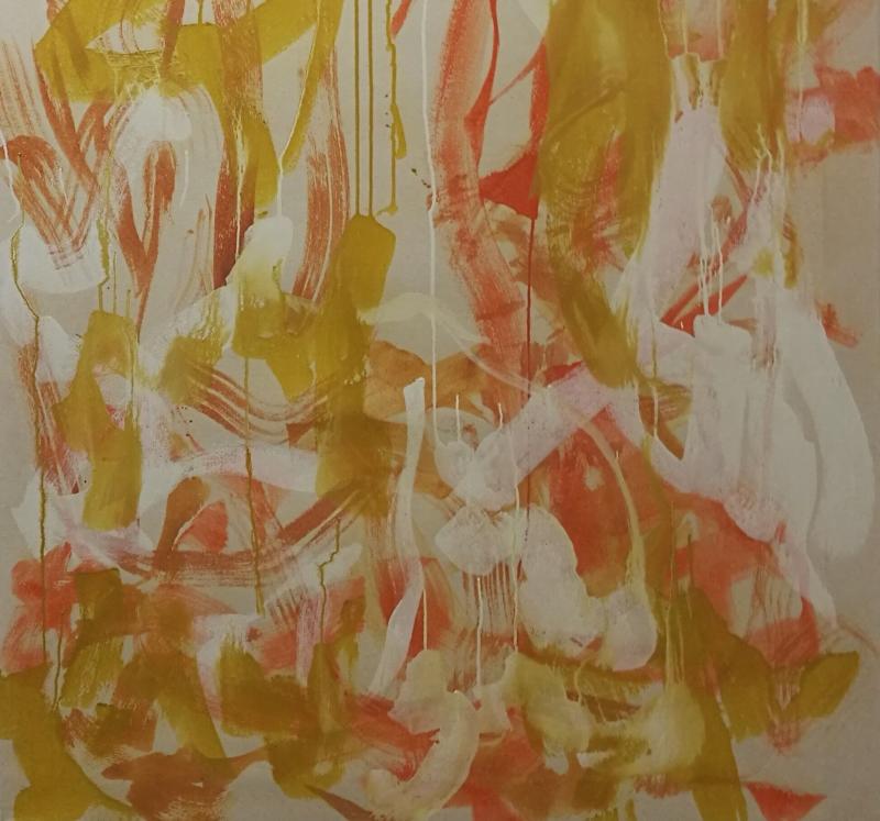 "Oleminen/rauha", 2023, munankeltuaistempera kankaalle, 155x110