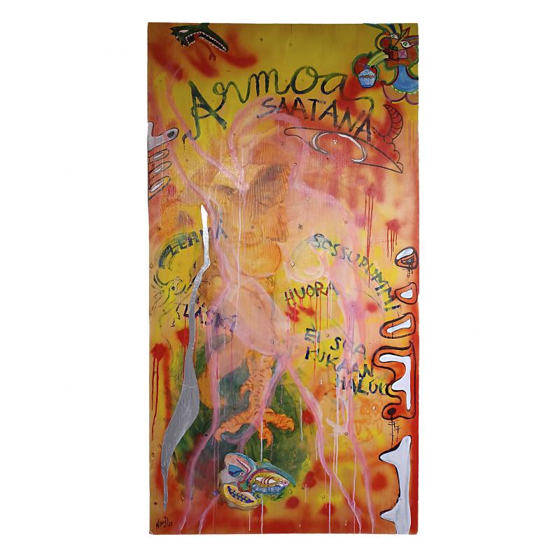 Armoa, saatana! (2023, 240x120cm maalaus-kollaasi / sekatekniikka vanerille)