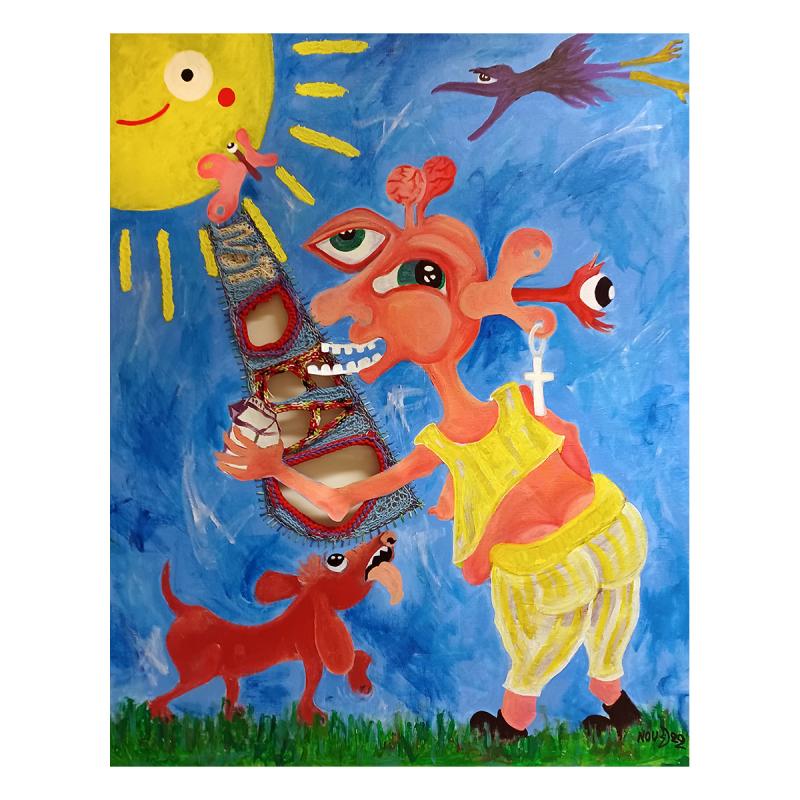 Happy Go Lucky (2023, 135cm x 110cm, akryyli ja lanka kankaalle)