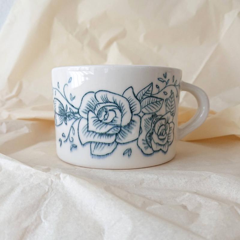 Mug, stoneware and underglaze pencil, clear glaze. 