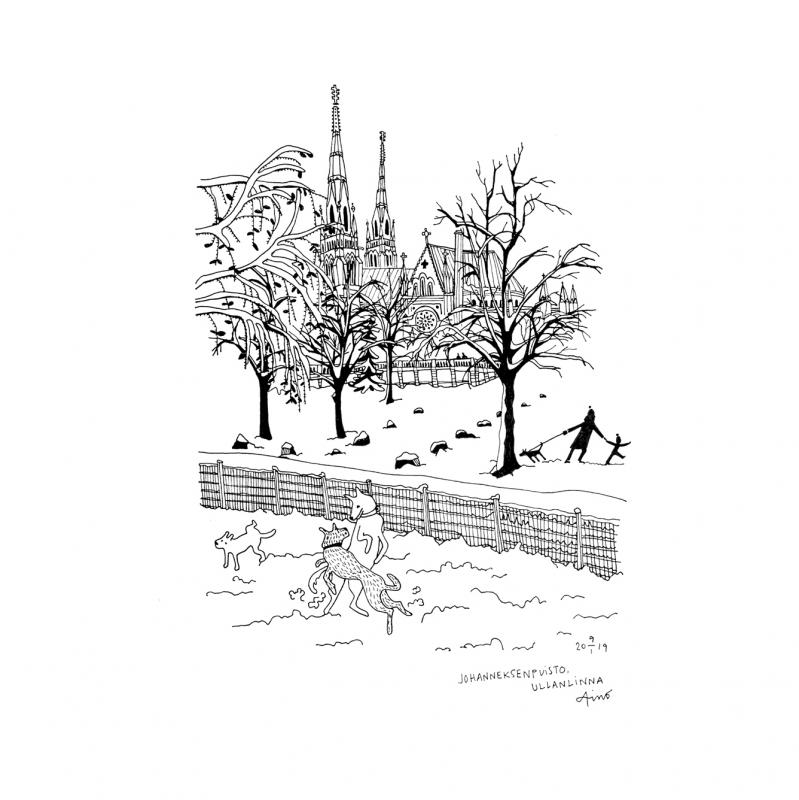 Snow on Everything (Johanneksenpuisto), A3 ink on paper. 