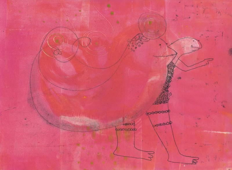 Hanna Holma, Lintu ja luolamies löytävät johtolangan, monotypia, 2017, 21 x 29 cm