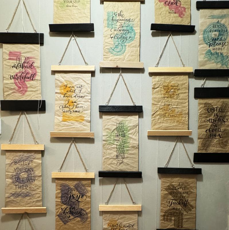 Sofie Björkgren-Näse, Affirmations, ink on reused packing paper, 2024
