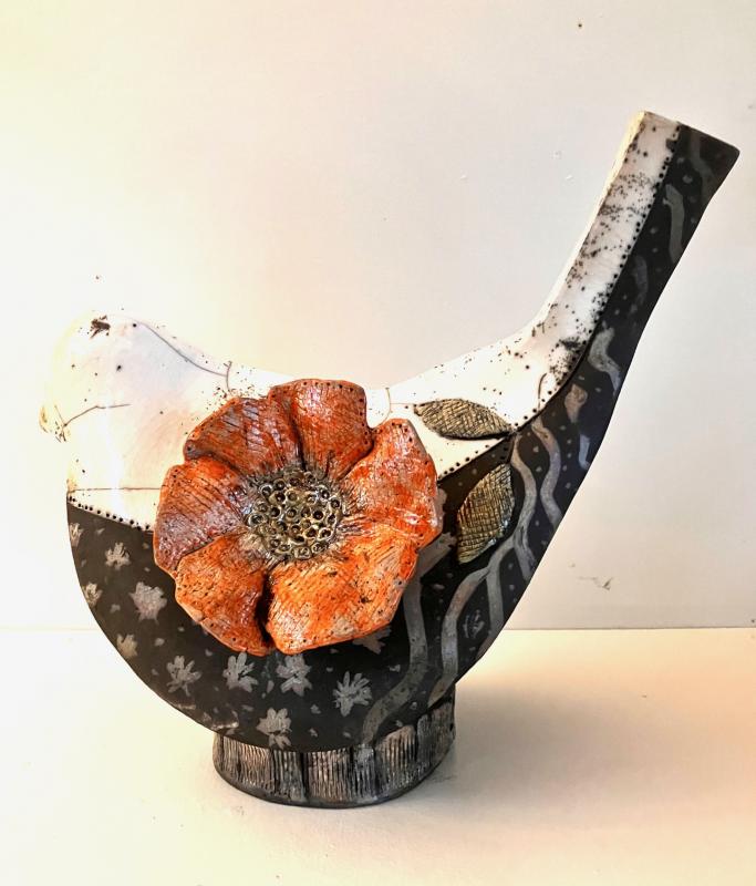 Geometrinen punakukkainen-lintu-Rakukeramiikkaa, v. 2025