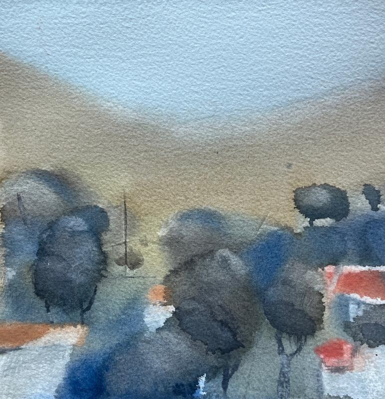 Kjell Ekström, Byn i dalen, akvarell, 18x18 cm, 2026