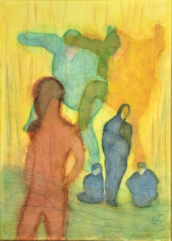 Yritän hävitä joukkoon, 31x254cm, akvarelli, 2025