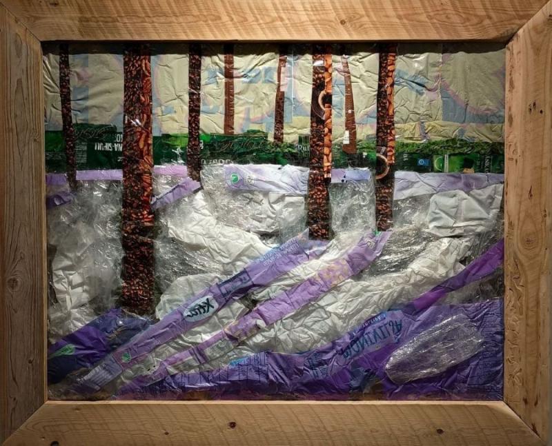 Maisema -kierrätysmuovimaalaus, 73 x 103 cm, 2025