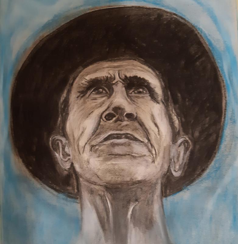 Kirsi Holsti, Rauha mielessäni (Peace in my  Mind) hiili/pastelliliitu paperille, 50x70cm, valm.vuosi 2024