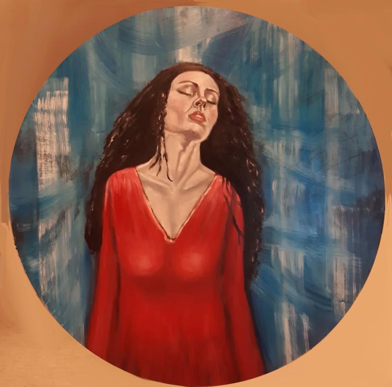 Kirsi Holsti, Wind of Change, öljymaalaus puulevylle, halkaisija 50 cm, valm.vuosi 2025