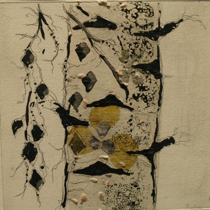 Tanja Parkkonen, Tapahtuipa kerran VII, etsaus, akvatinta, chine collé, 25x25 cm, 2024.