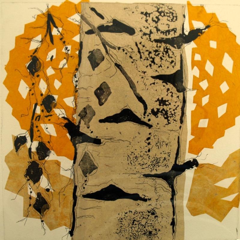 Tanja Parkkonen, Tapahtuipa kerran VI, etsaus, akvatinta, chine collé, 25x25 cm, 2024.