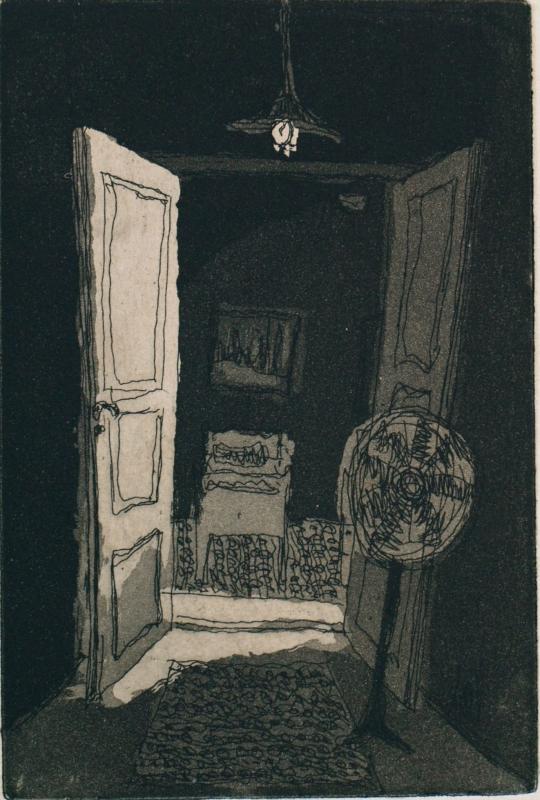 Tanja Parkkonen, Göstan huone nro 3, etsaus, akvatinta, 10x15 cm, 2025.