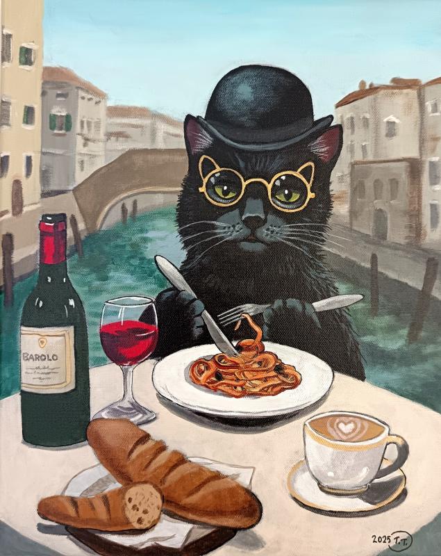 Tuula Toukkari, Illallinen Venetsiassa, akryyli , 42x33cm, 2025