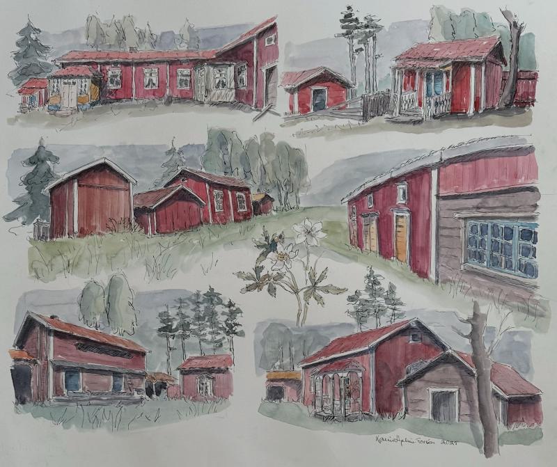 Karin Lipkin-Forsén, Gårdsbyggnader, skiss, akvarell 2025