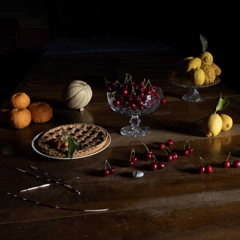 Nisa Ojalvo 
"Fall Still Life #8 with Porcupine Quills, Amalfi Lemons, Padula Sour Orange, Cherry Pairs, Cherry Pie, Gold Leaf on Rock (from Regeneration Series)" 
Archival Pigment Print 
60 x 48 inches 		 
2024