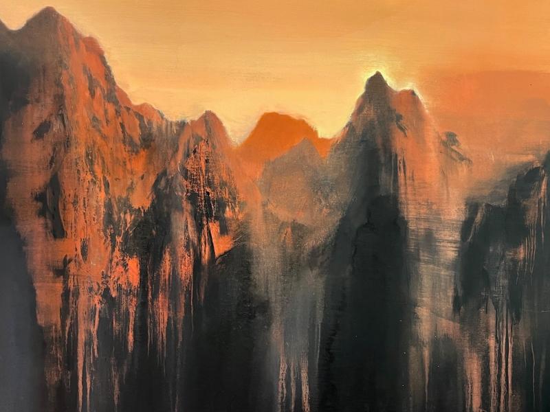 Aamu vuorilla 2024, Akryyli, muste, jänisliima 130cm x 140cm / Morgon i bergen 2024,  Akryl, bläck, kaninskinnslim 130cm x 140cm / Morning at the Mountains 2024, acrylic, ink, rabbit-skin glue 130cm x 140cm 