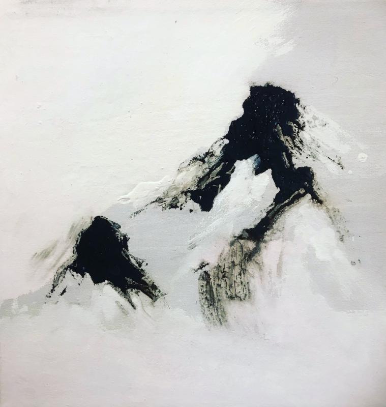 Huippu 2023, Pellava, jänisliima, pigmentti, terva 50cm x 40cm / Topp 2023, Lin, kaninskinnslim, pigment, tjära 50cm x 40cm / The Peak 2023, Linen, rabbit-skin glue, pigment, tar 50cm x 40cm