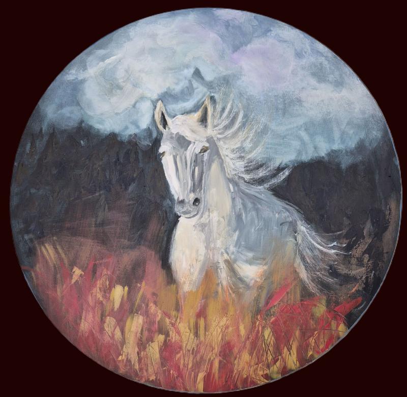 Kun rakkaus maalaa taulun Lea Karvala 2025 akryyli halkaisija 90 cm