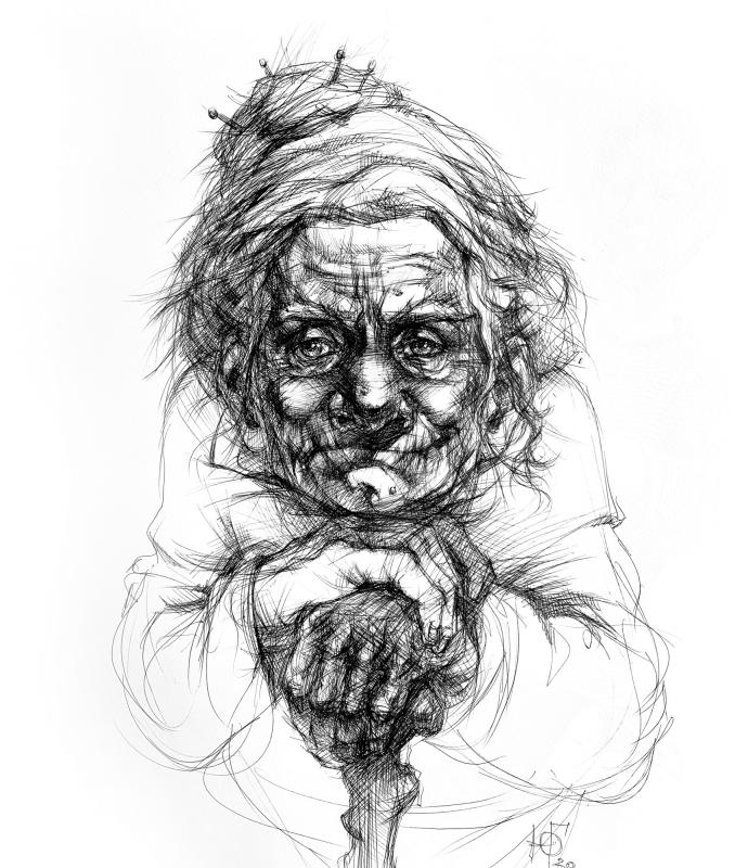 “Portrait of an Old Lady”, ball pen on paper, 50x70, 2020