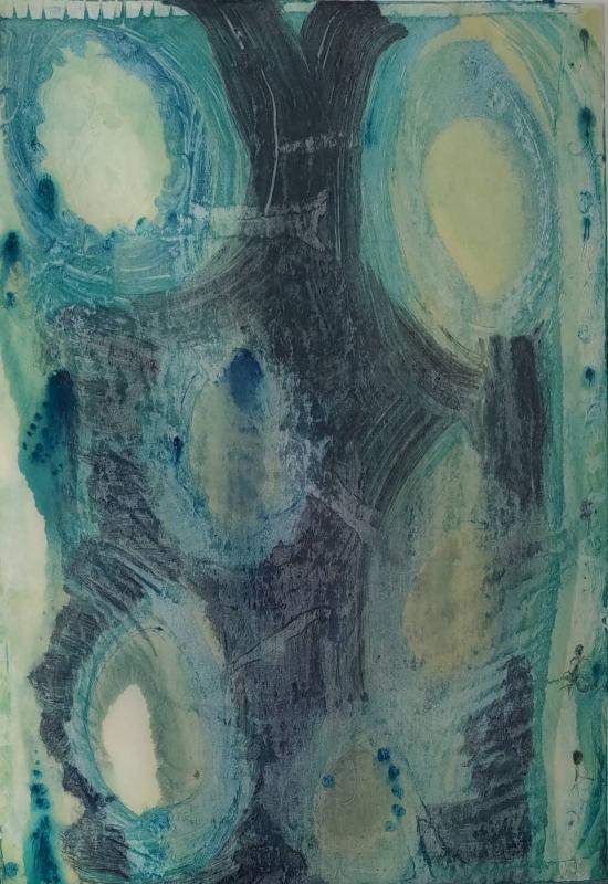 Hurja myrsky luo uusia maailmankaikkeuksia, joissa kaikki on ihmeen tyyntä ja kirkasta, 2025, monotypia, 59 x 42 cm