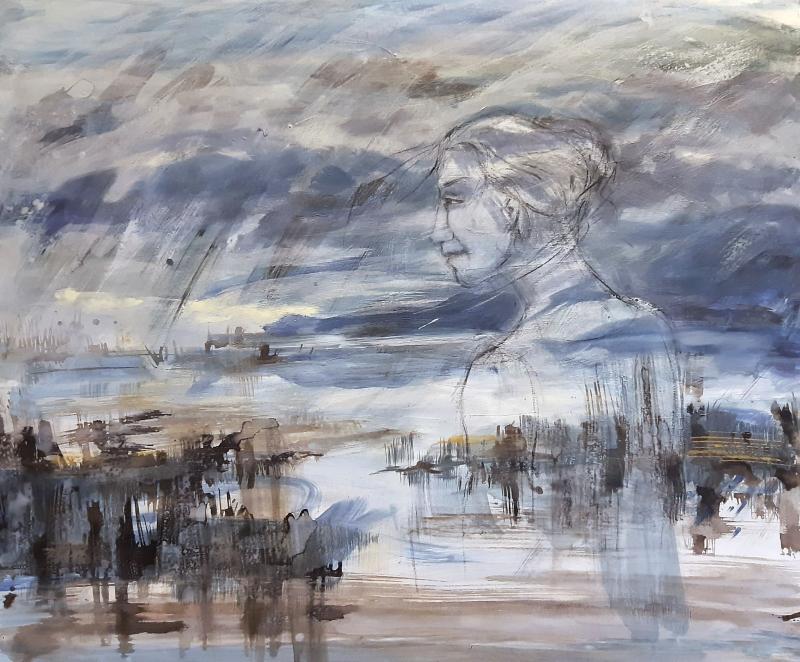 Jaana Saario, My Head is Windy Sky, 2025, 120 x 100 cm, oil color, tempera, beeswax, ink, charcoal, pencil