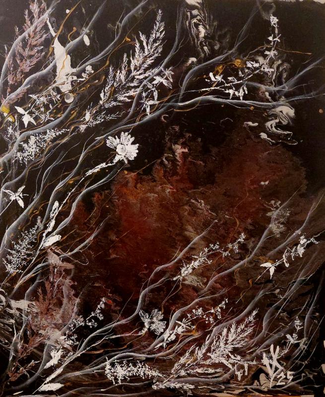 Twilight Garden, 
Acrylic and oil on canvas.  2025, 50×60