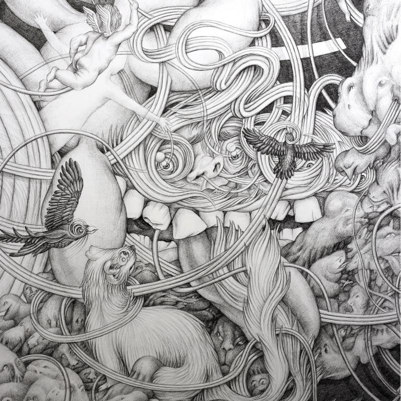 Eeva Honkanen, "Trapped in Time" (yksityiskohta), Tussipiirros paperille, 245 x 430 cm, 2024