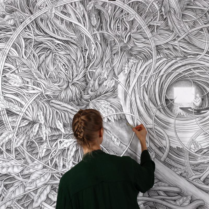 Eeva Honkanen, "Nowhere" (yksityiskohta), Tussipiirros paperille, 140cm x 200cm, 2024