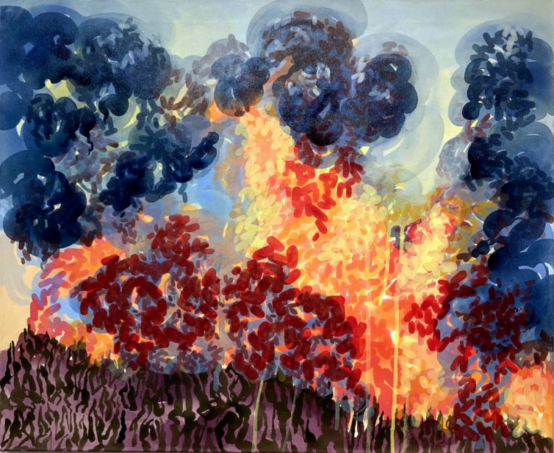 Petra Kaminen Mosher, Smoke and Fire 3, acrylic paint on stretched canvas, 70 cm x 85,5 cm, 2025