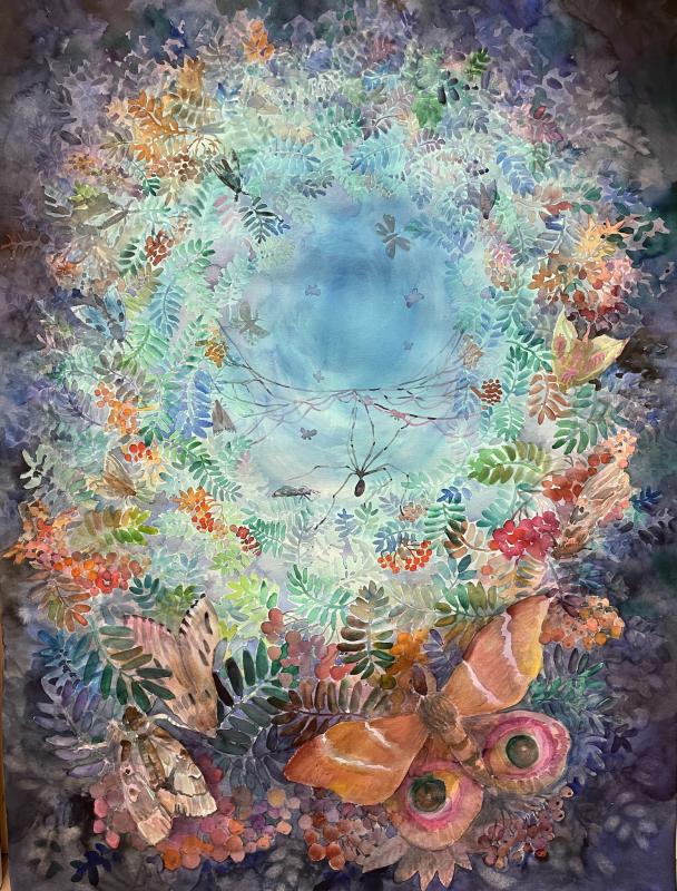 Nelli Nio.Pihlajan syli.2025.akvarelli. 140 x 105cm