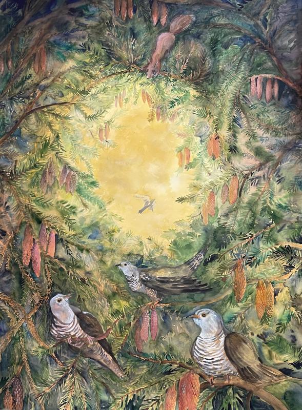 Nelli Nio.Kuusen syli.2026.akvarelli. 140 x 105cm