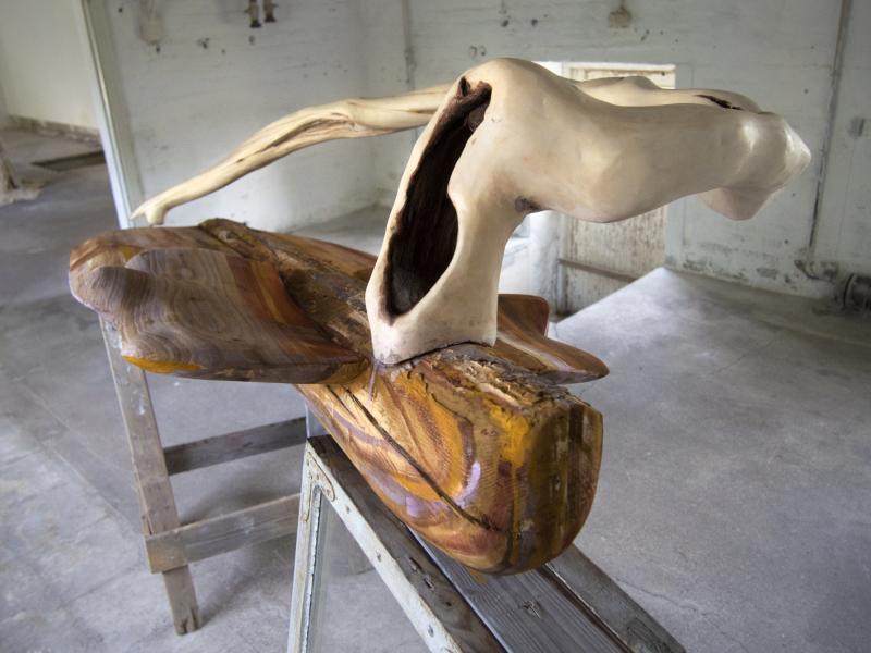 Goda avliden / Hyvä kuollut / Good dead / 2023 / lärk, björk, ädelnöt, jordpigmenter, vax / 150 x 85 x 50cm