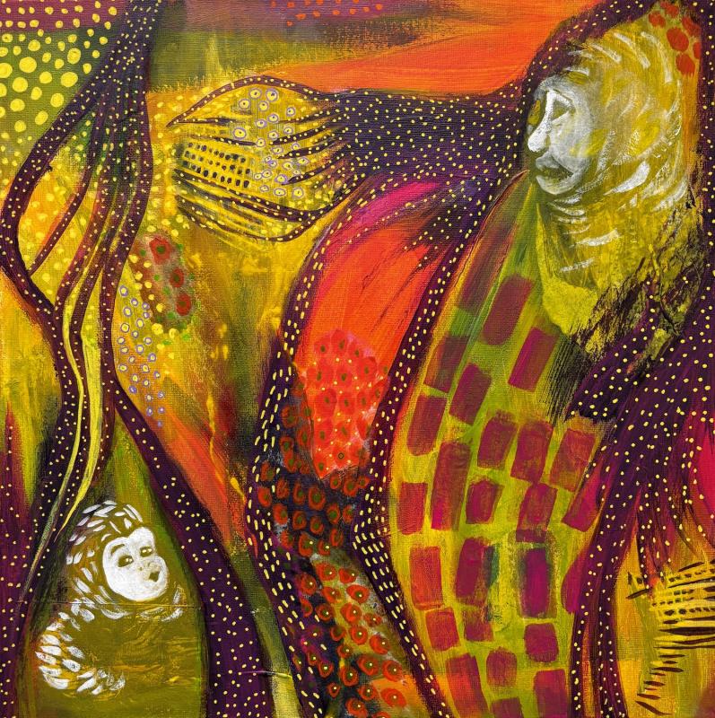 Helena Rajalinna ,Vanhus ja vauva, kollaasi sekatekniikalla, 40 x 40 cm,  2025