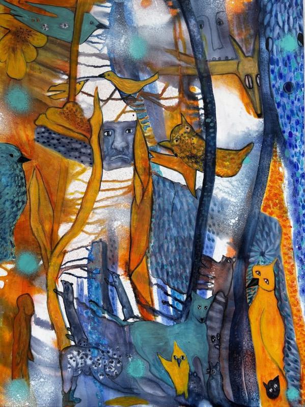 Helena Rajalinna, Teoskokonaisuudesta Hulvattomat, Outoa porukkaa 1, sekatekniikka, 80 x 60 cm, 2025