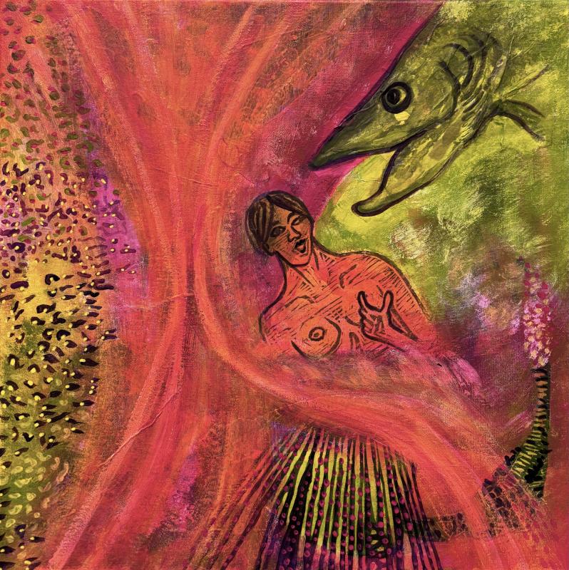 Helena Rajalinna, Neito ja hauki, sekatekniikka, 40 x 40 cm, 2025