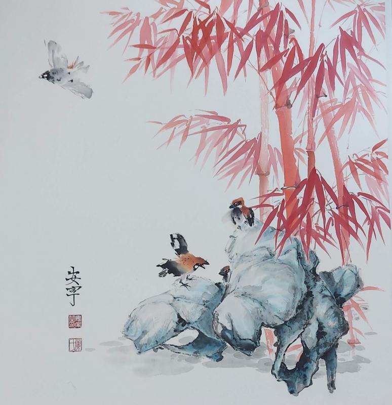 RUSKA, Anne Rantanen, kiinalainen muste-vesivärimaalaus riisipaperille, 80 x 80 cm,  vuosi 2025