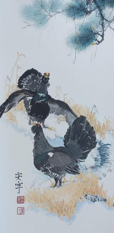 KUKKOILUA,  Anne Rantanen, kiinalainen muste-vesivärimaalaus riisipaperille, 35 x 70 cm, vuosi 2025