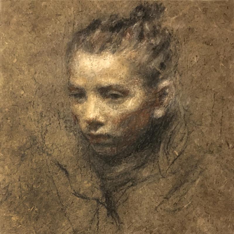 Porträtt - gjort på handgjort nässelpapper med handgjorda lokala pigment, allt hittad inom en kort promenad från mitt hus.  Ca. 25 x 25 cm. Tecknad från en studie gjord från en levande modell.