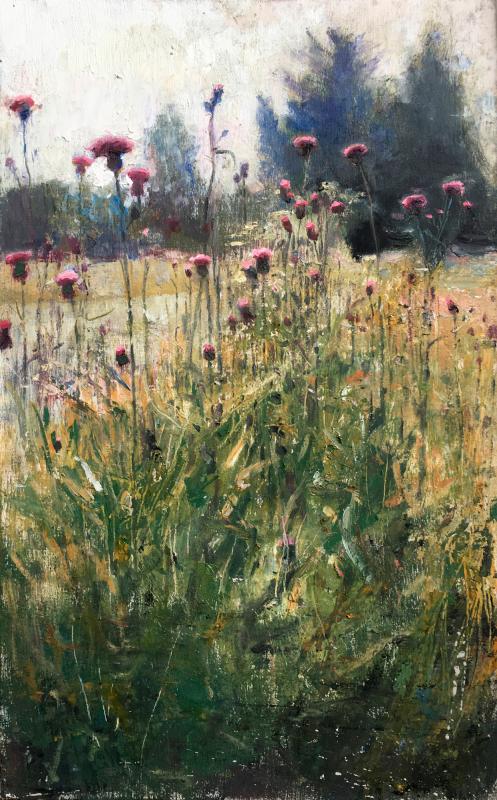 Studie av tistlar, 34,5 x 21,5 cm. Olja på pannå. Målad på plats.