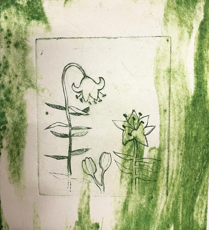 Tiina Eräpuu, Liljat, etsaus/carborundum, 11 x 15 cm, 2023