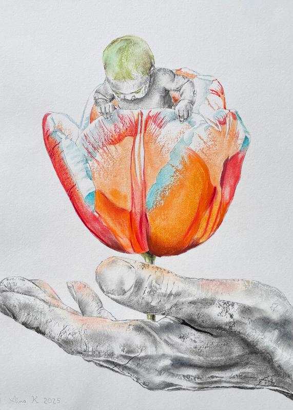 Aino Keinänen, Maailman laidalla, sekatekniikka paperille, 40 x 30 cm, 2025