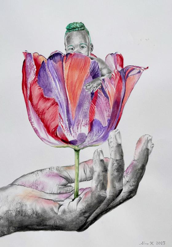 Aino Keinänen, Maailman synty, sekatekniikka paperille, 40 x 30 cm, 2025