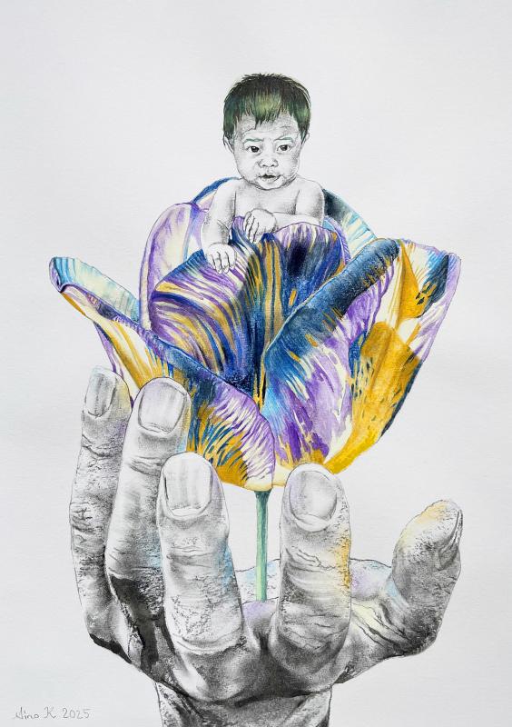 Aino Keinänen, Maailma maailmassa, sekatekniikka paperille, 40 x 30 cm, 2025