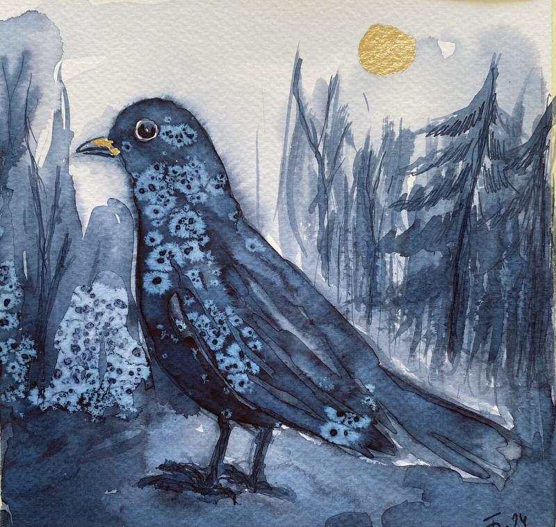 Skymning, bläck och bladguld på papper, 20x20cm