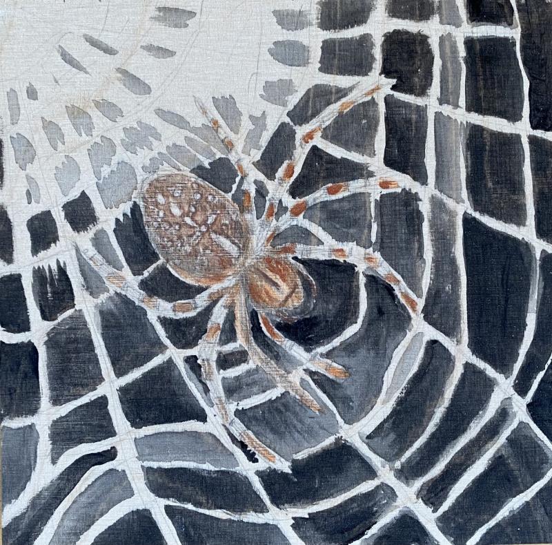 Spindeln i nätet, blandteknik på faner, 20x20cm