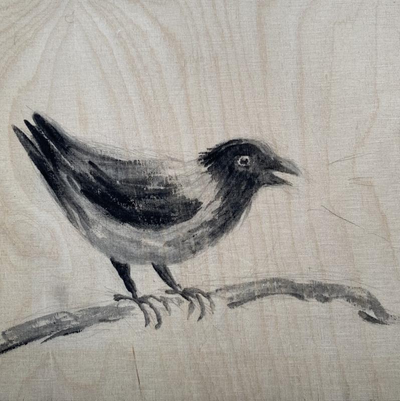 Kalle-kråkan, blandteknik på faner, 20x20cm